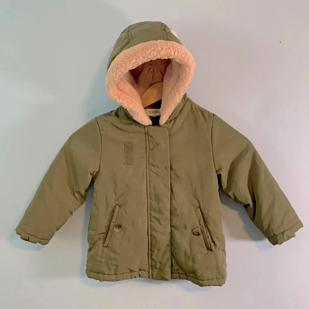 Gymboree size 3t olive military green zip up pink fur hood like new winter parka